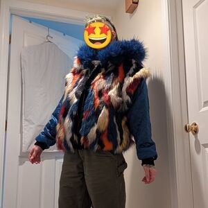 Multicolor Faux Fur Bomber Jacket Vest - Blue Accent